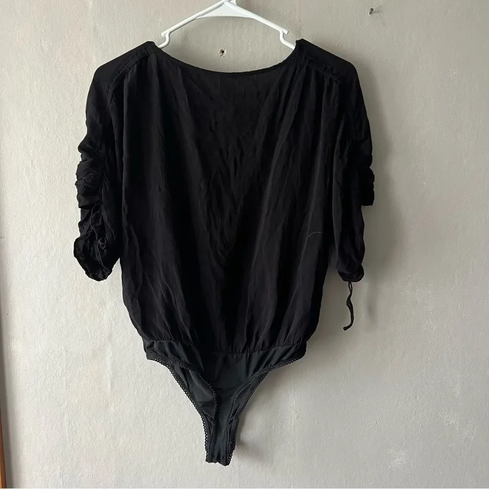 Free People Black Cleo Tie Front Flowy Bodysuit Size XS